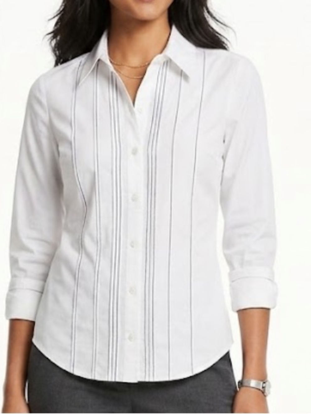 Ann Taylor White Button-Down Shirt with Black Pinstripes